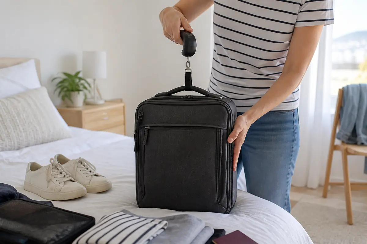 Voyageuse pesant son bagage cabine avant le départ