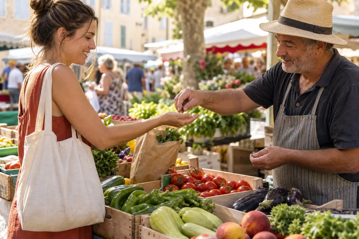 Voyageuse réglant un achat quotidien sur un marché local