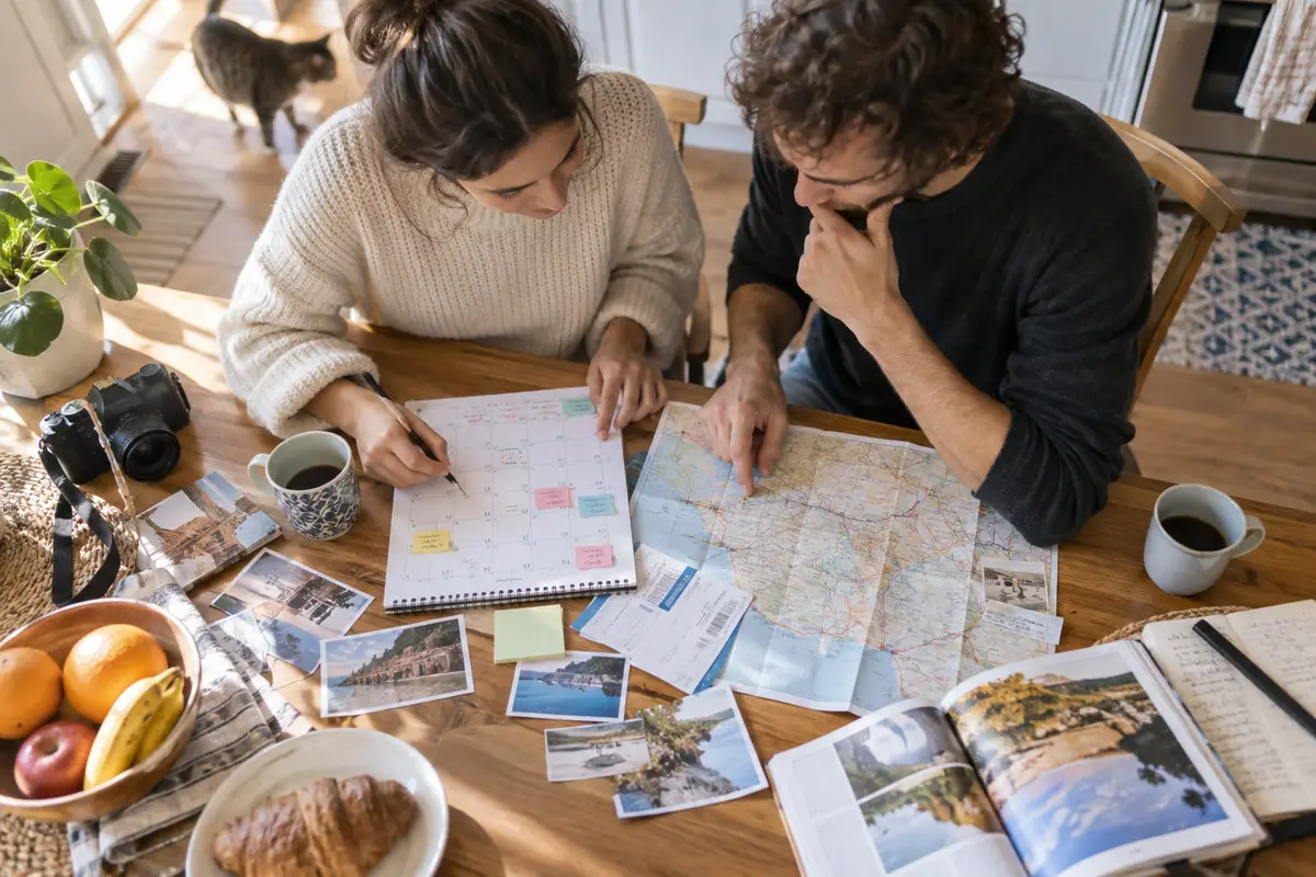 Couple organisant les étapes d’un voyage avec un calendrier et une carte