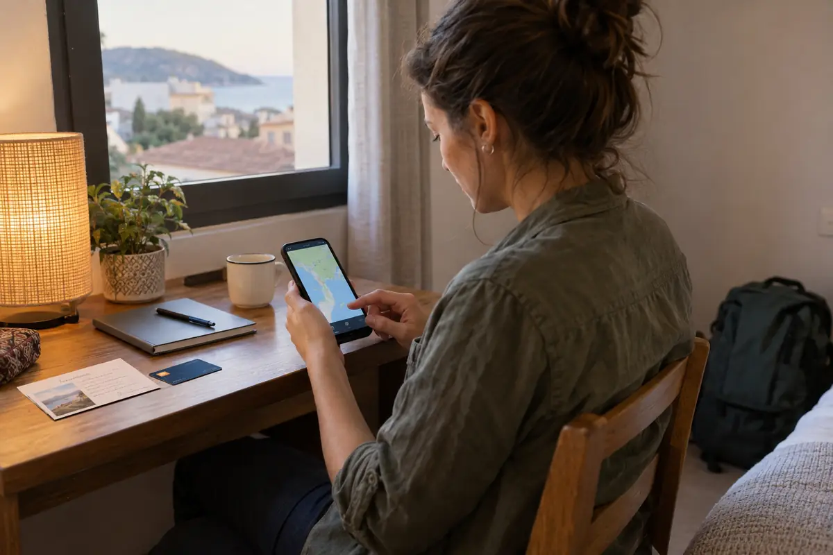 Voyageuse enregistrant une carte hors ligne et des contacts utiles