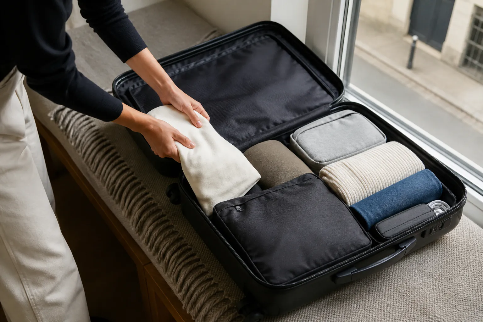 Bagage cabine ouvert et vêtements soigneusement organisés