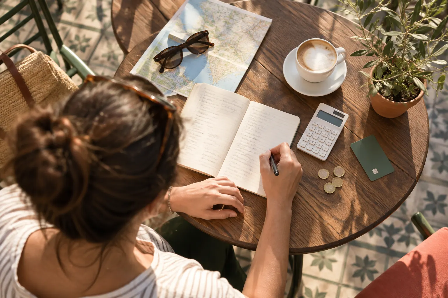 Traveller reviewing a trip budget at a sunlit café table