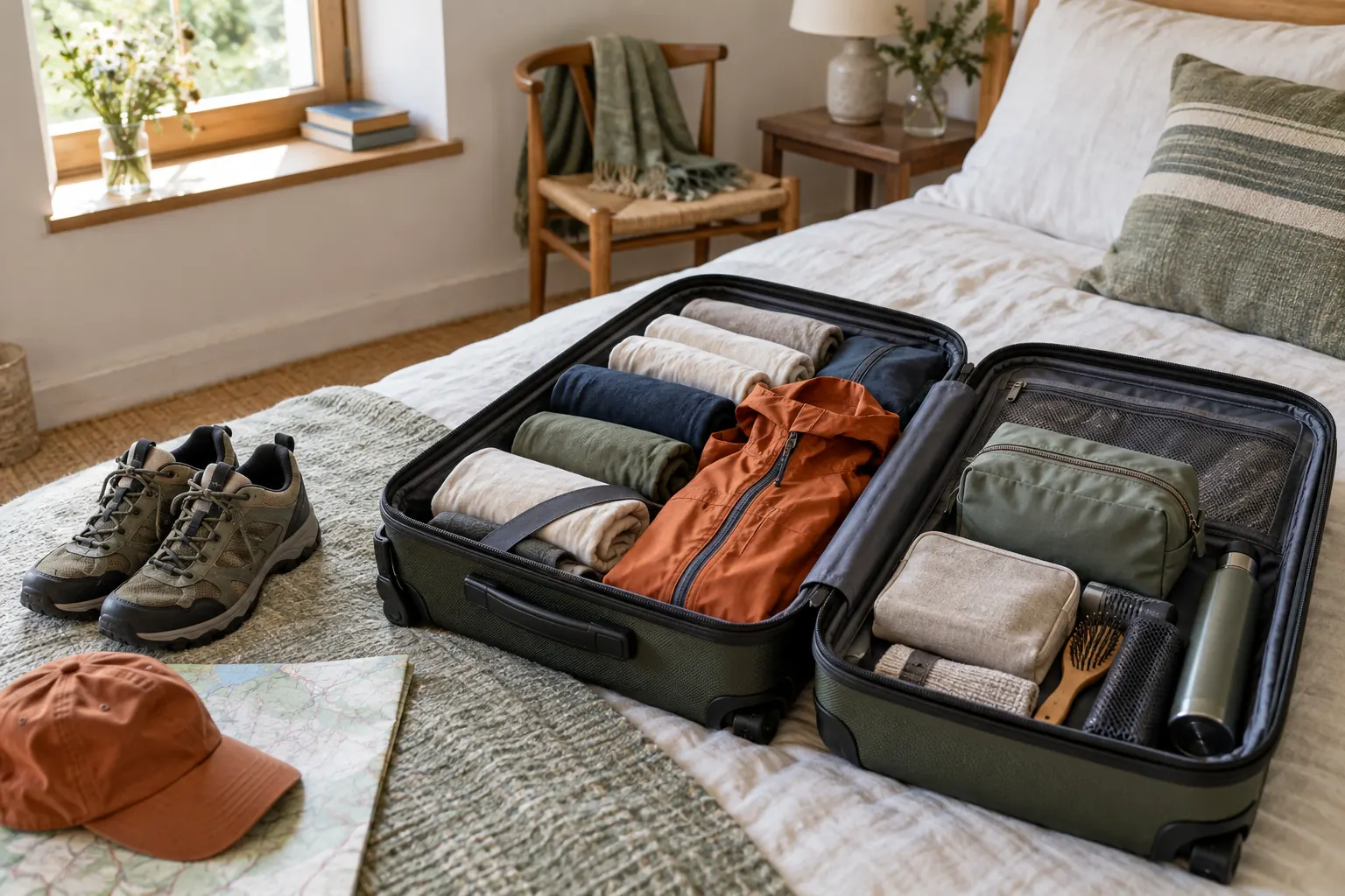 Compact carry-on suitcase packed with coordinated travel essentials