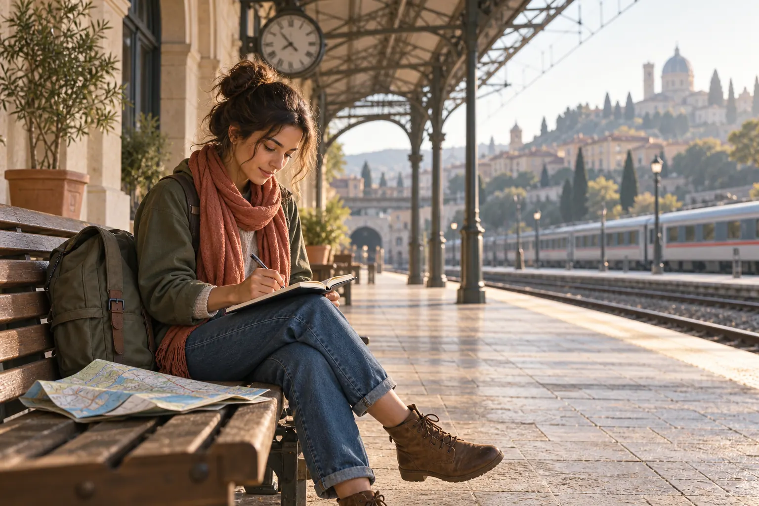 Traveller marking a route in a notebook at a quiet railway station