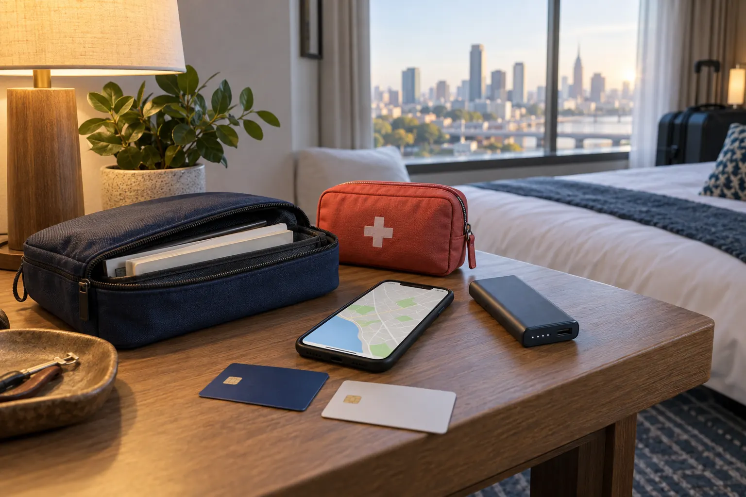 Travel safety essentials prepared on a hotel room table