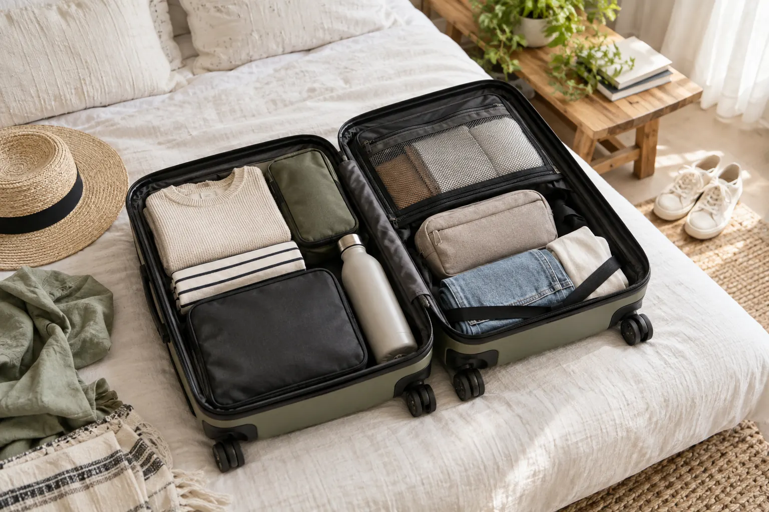 Valise cabine ouverte et affaires de voyage organisées