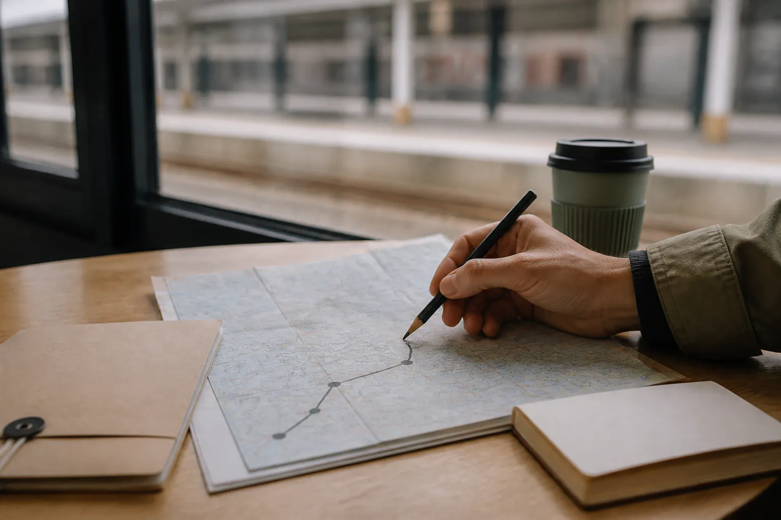 Itinéraire préparé sur une carte avec un carnet