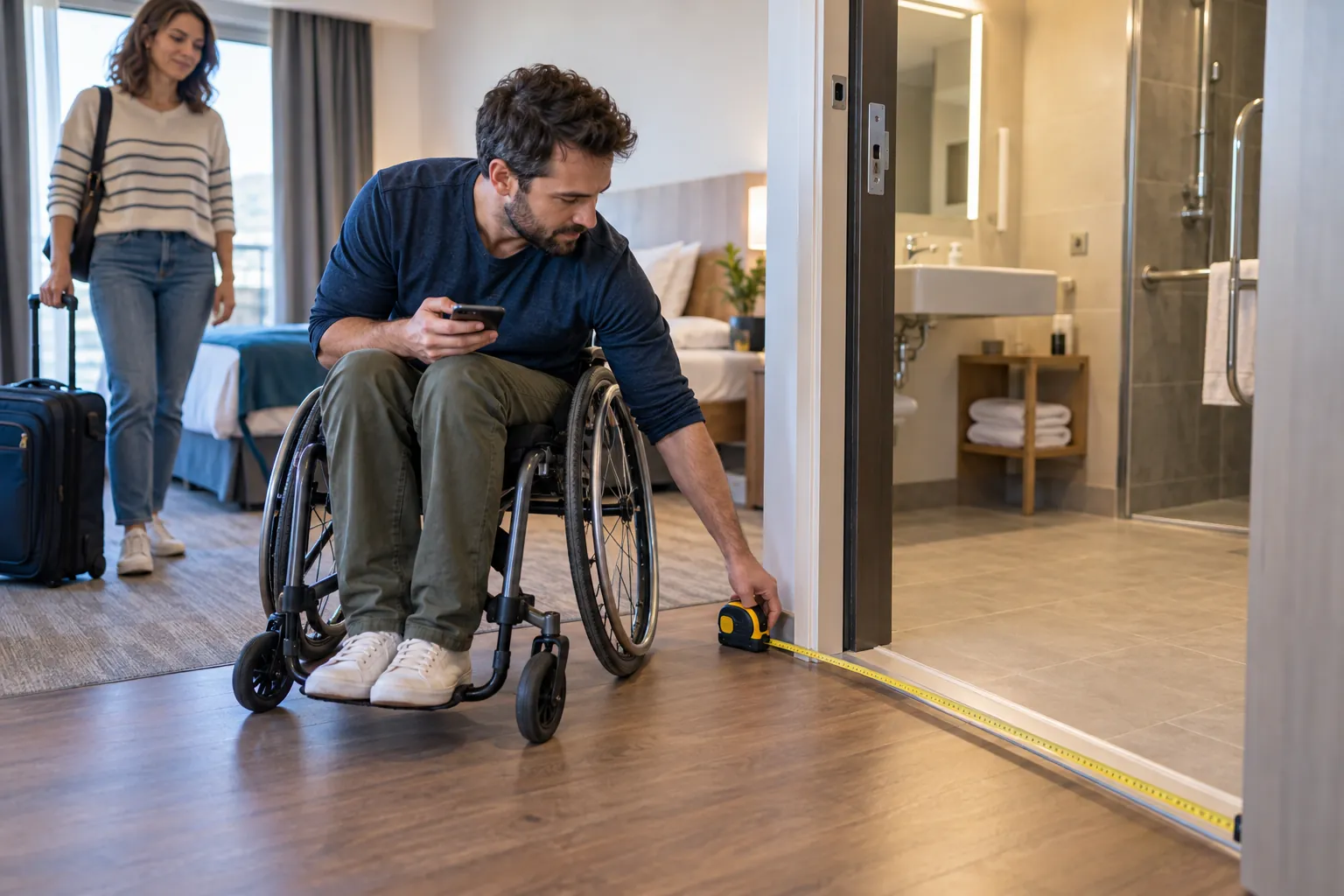 Voyageur en fauteuil roulant vérifiant l’accès d’une chambre