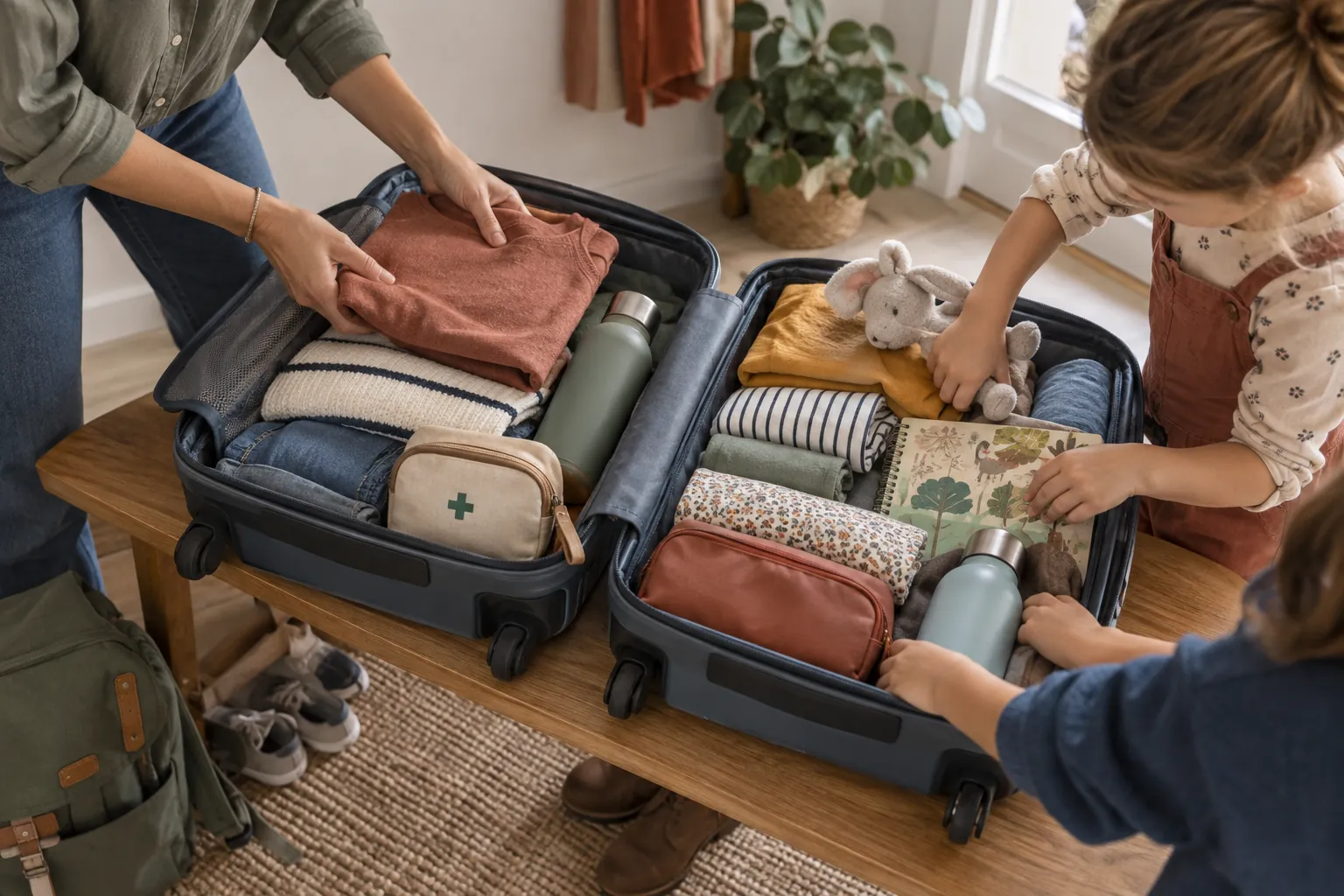 Famille organisant deux bagages compacts avant un départ