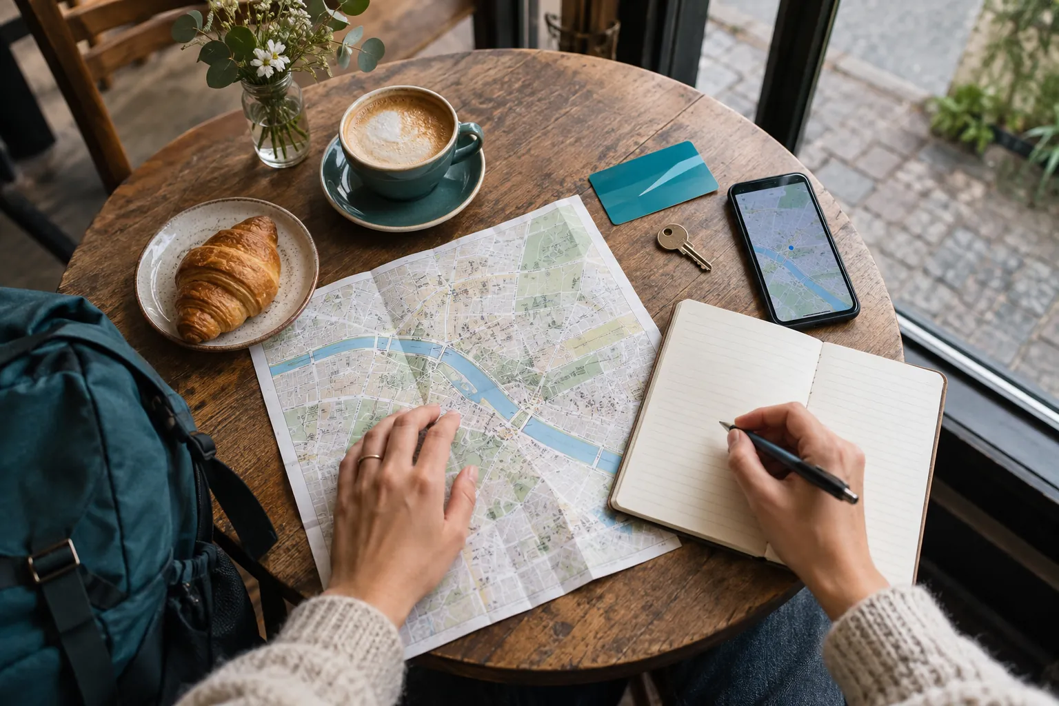 Carte, carnet et téléphone pour préparer un voyage en solo