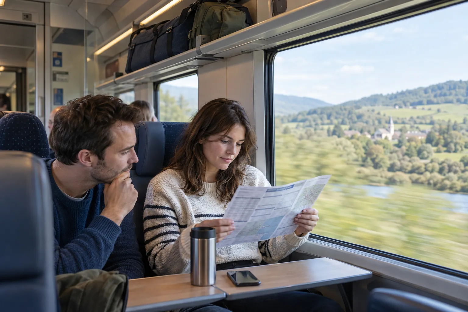 Voyageurs consultant leur itinéraire dans un train régional