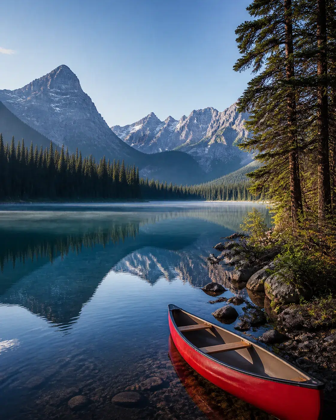 Canoë rouge au bord d’un lac canadien entouré de conifères et de montagnes