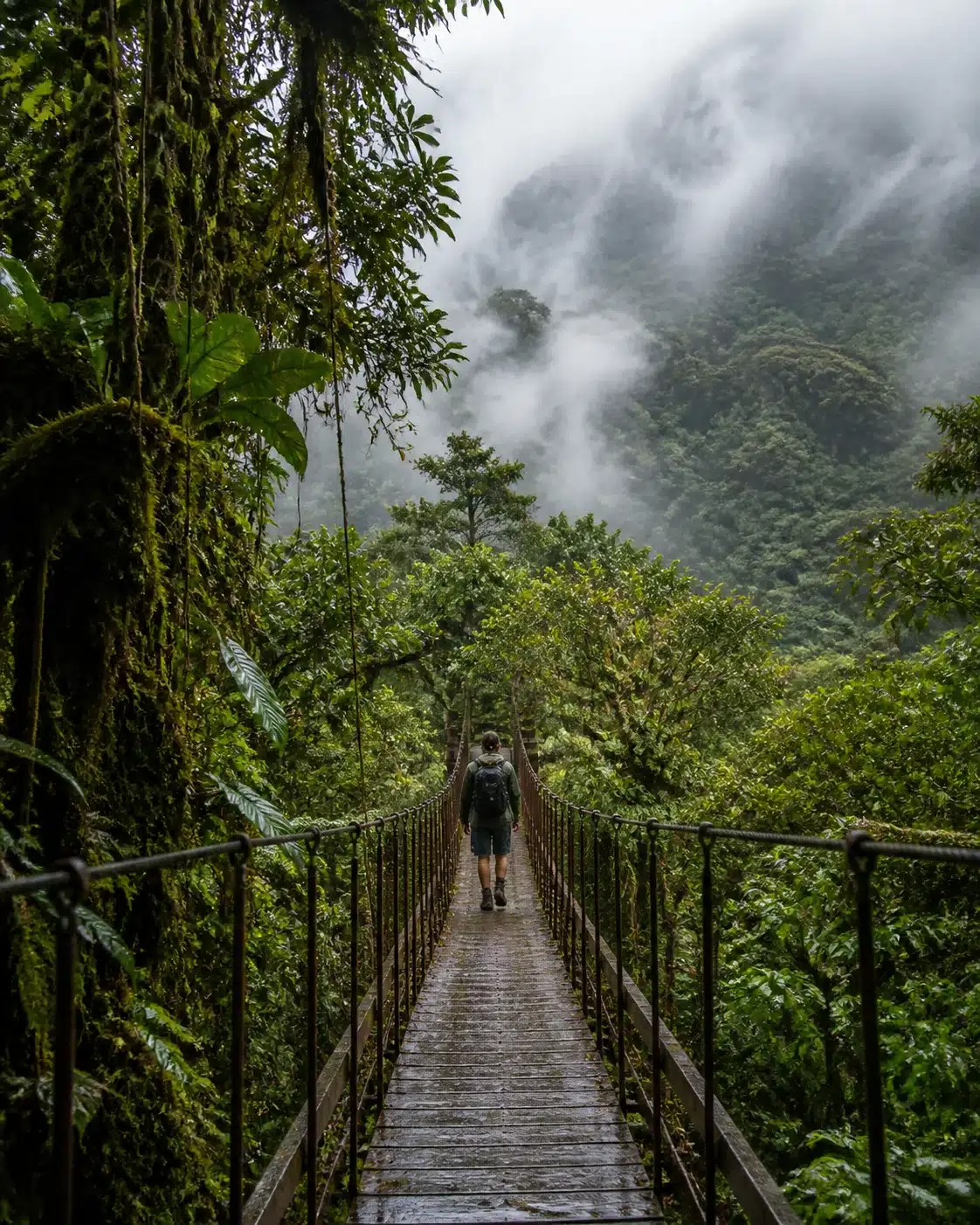 Voyageur sur une passerelle dans la forêt brumeuse du Costa Rica
