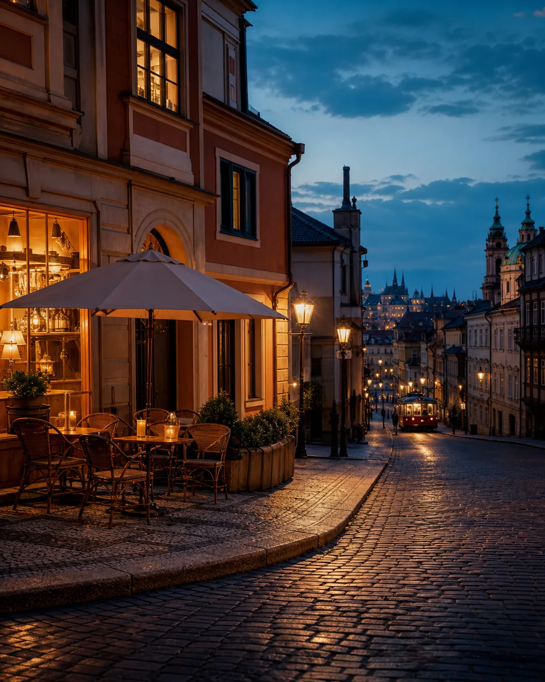 Rue pavée de Prague au crépuscule, avec café éclairé et tramway