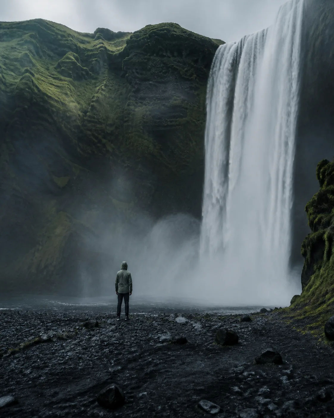 Voyageur face à une cascade islandaise, parmi roches volcaniques et brume