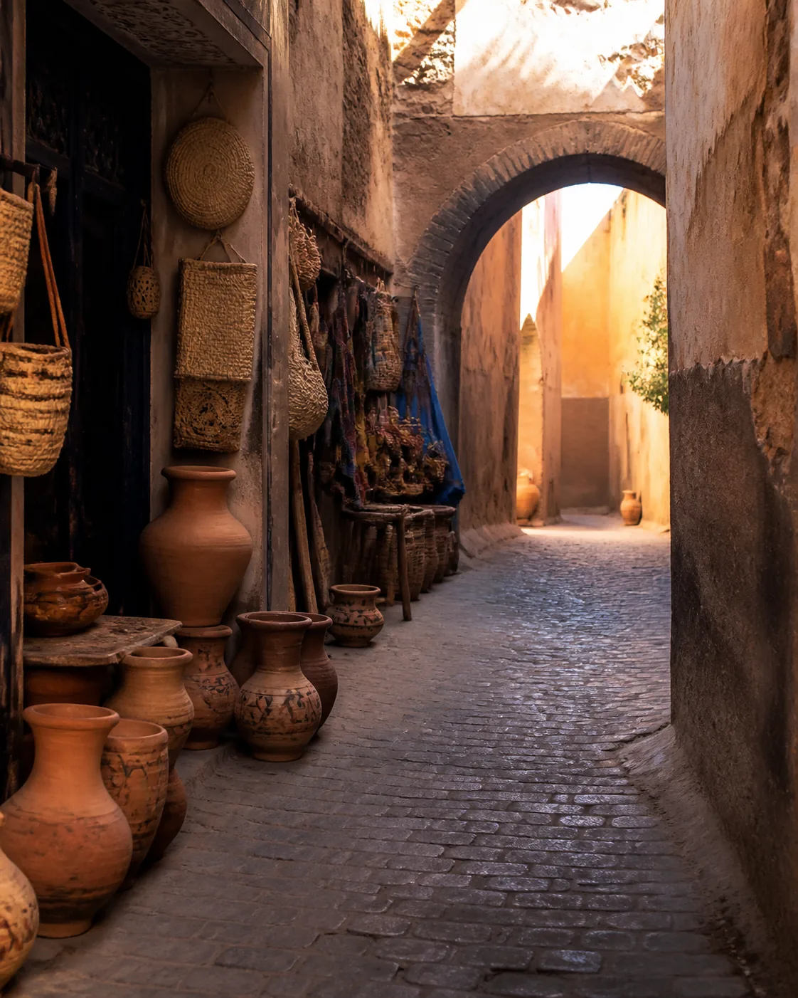 Ruelle d’une médina marocaine avec poteries artisanales et paniers tressés