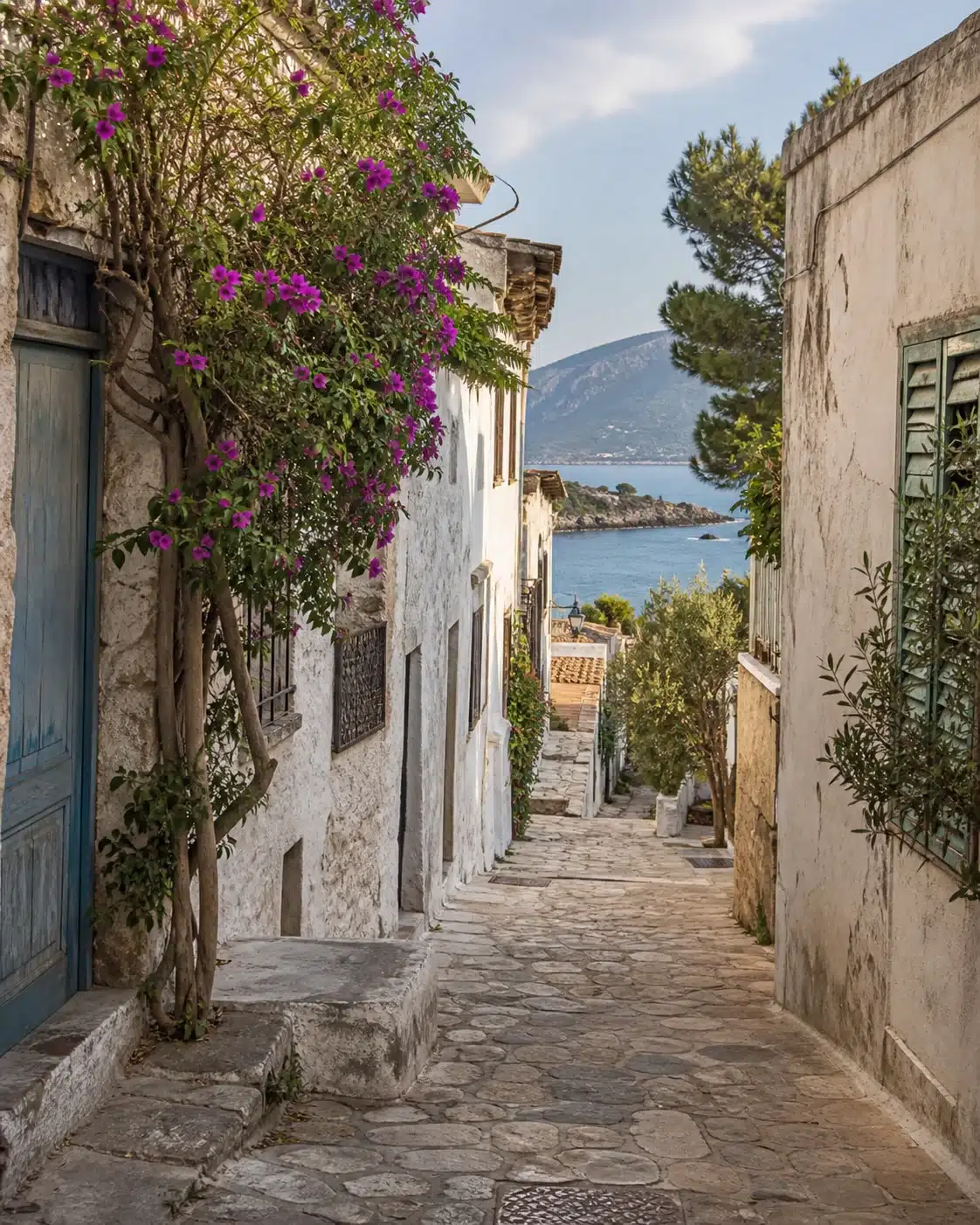 Ruelle pavée d’un village méditerranéen ouverte sur la mer