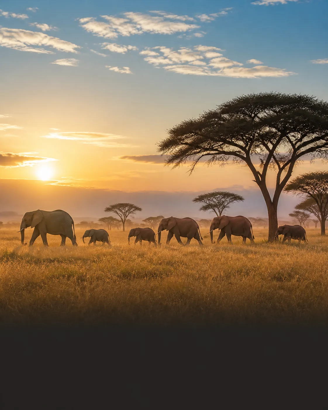Troupeau d’éléphants dans la savane tanzanienne au lever du soleil