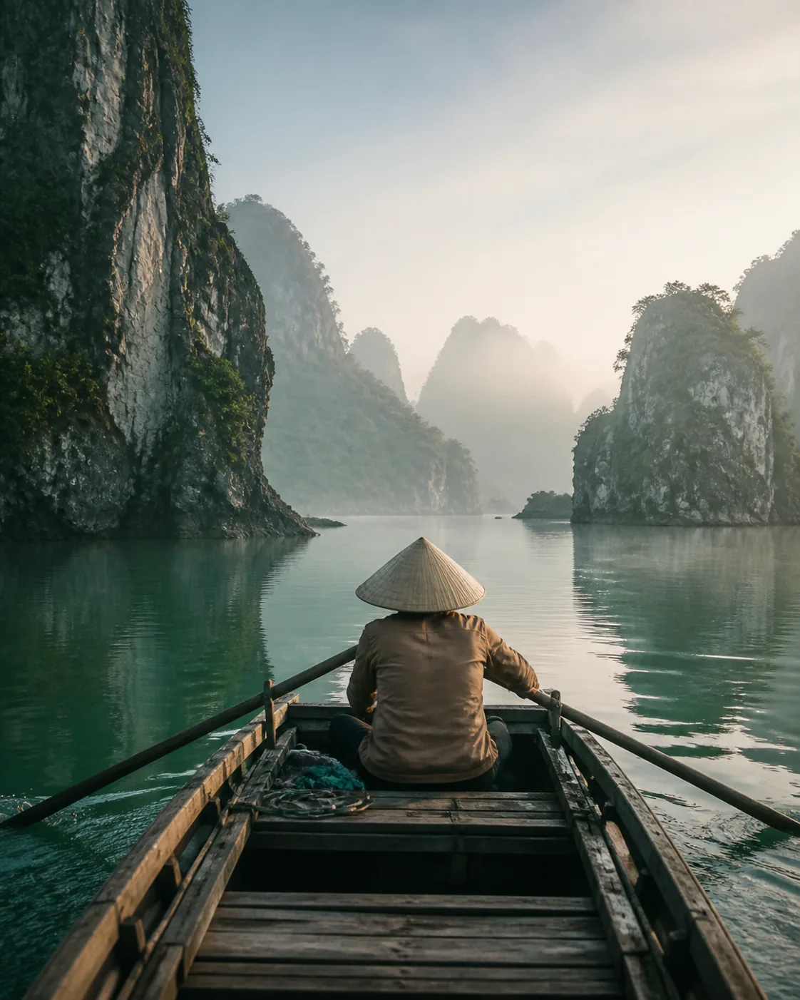 Barque sur une baie du nord du Vietnam entre les pitons calcaires dans la brume
