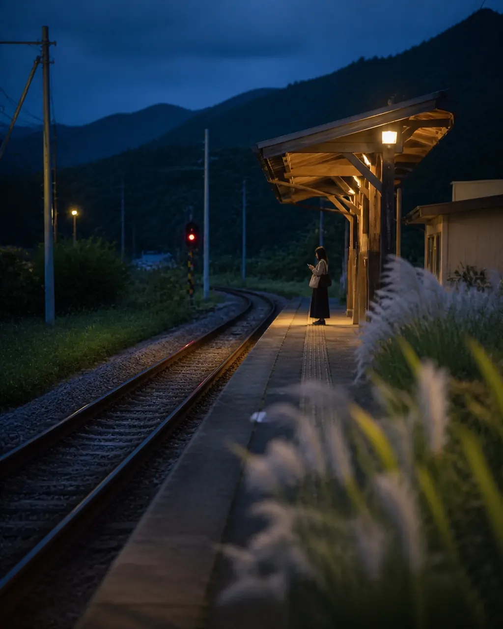 Traveller waiting at a quiet rural railway station in Japan